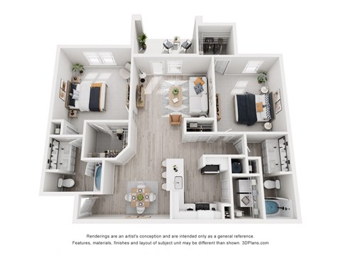 Floor plan for 2 beds, 2 baths, 1227 sqft